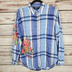 Lauren Ralph Lauren Womens Medium 100% Linen Blue Plaid Floral Button Down Shirt